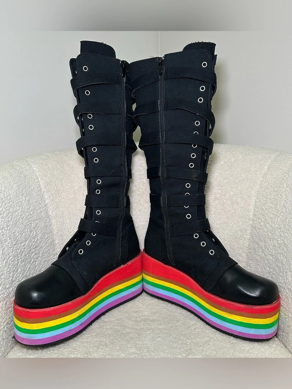 Rainbow Platform Goth Rave Boots Knee High Black Gay Pride‎ Bratz Y2K Cosplay 9